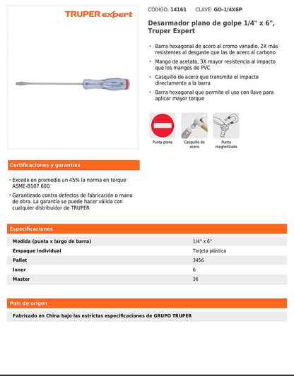 Desarmador plano de golpe de 1/4 x 6 con barra hexagonal