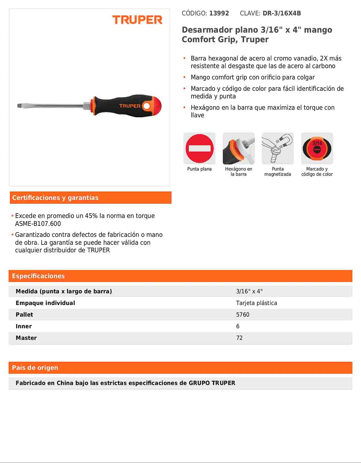 Desarmador plano de 3/16 con barra de 10.16 cm y mango Comfort Grip