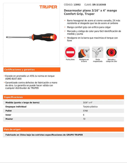 Desarmador plano de 3/16 con barra de 10.16 cm y mango Comfort Grip
