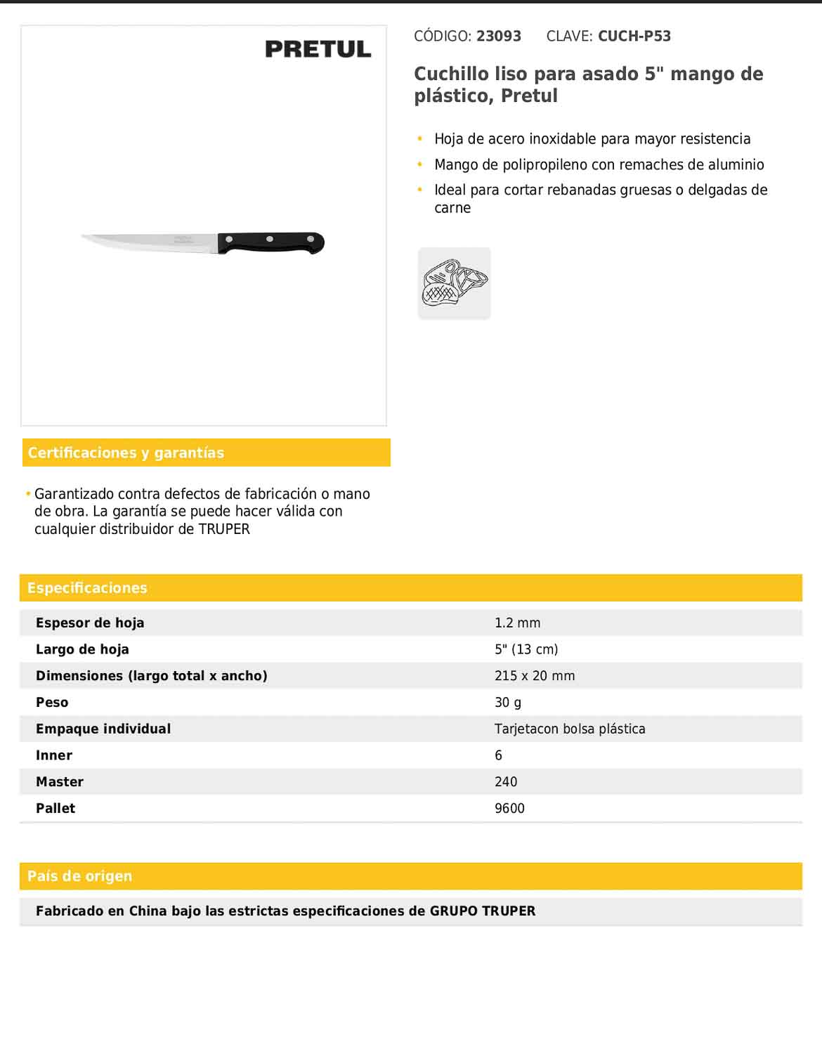 Cuchillo liso para asado de 5 pulgadas con mango de polipropileno