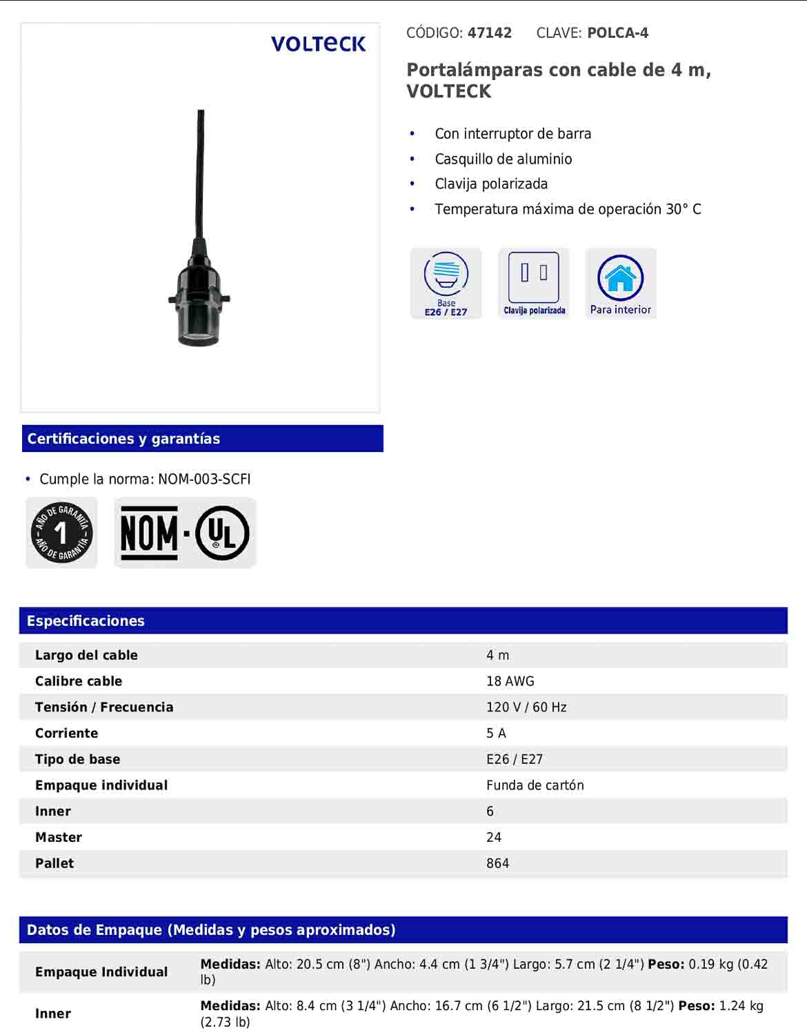 Portalámparas con cable de 4 m con interruptor de barra y clavija polarizada