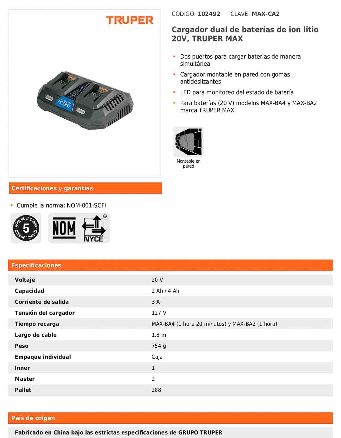 Cargador dual de baterías de ion litio de 20 V