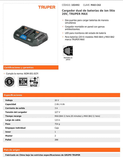 Cargador dual de baterías de ion litio de 20 V