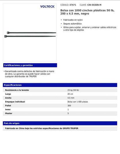 Bolsa con 1000 cinchos plásticos 50 lb 200 x 4.5 mm negro