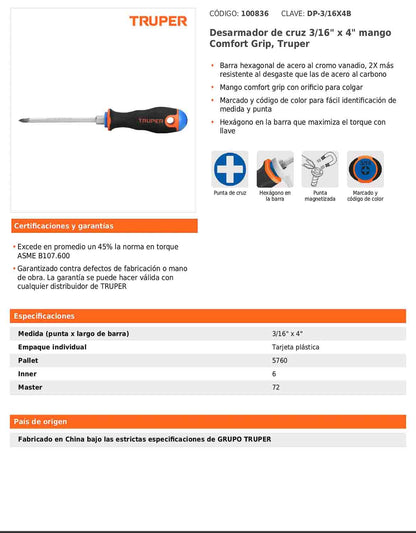 Desarmador de cruz de 3/16 con barra de 10.16 cm y mango Comfort Grip