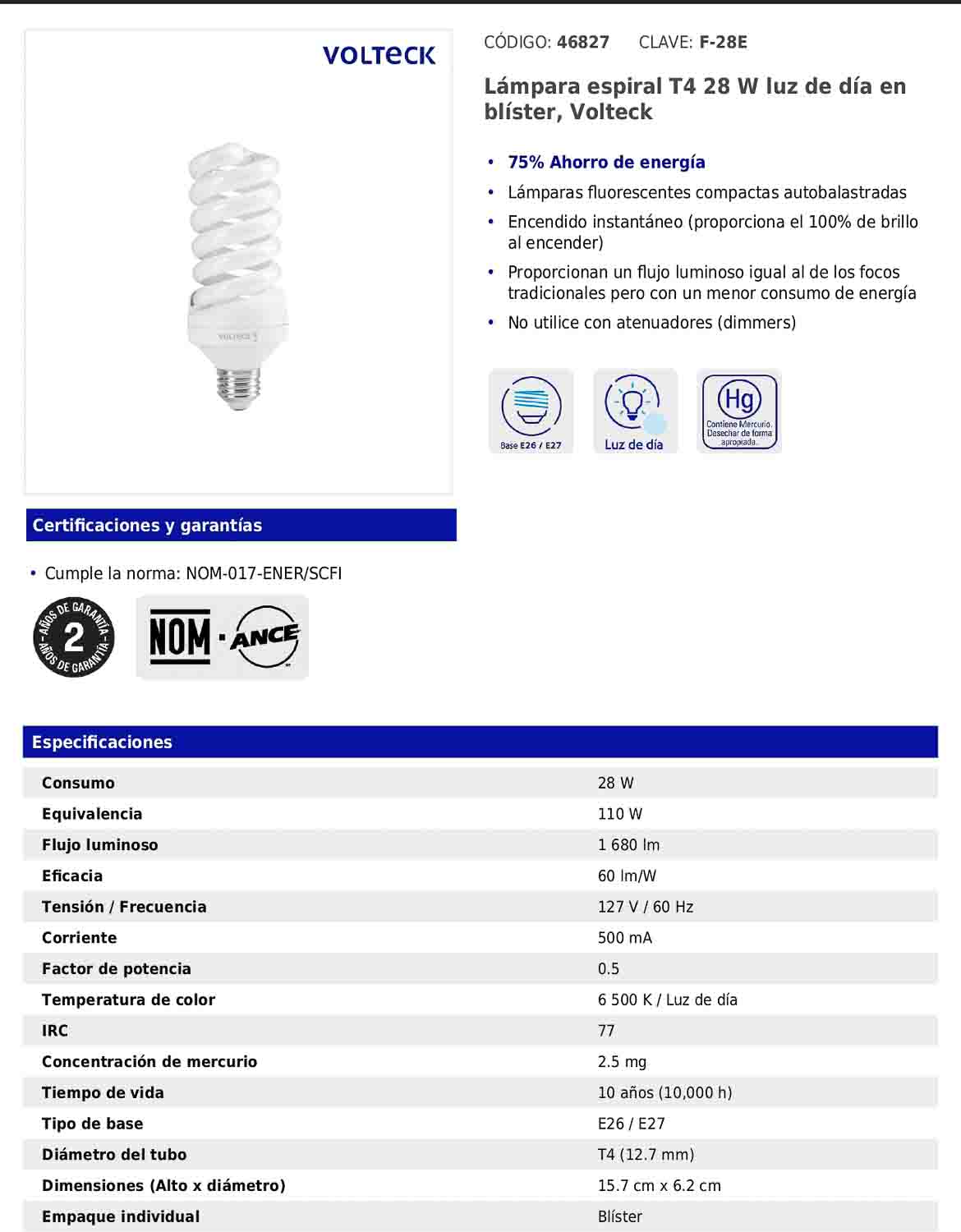 Lámpara espiral T4 de 28 W con luz de día