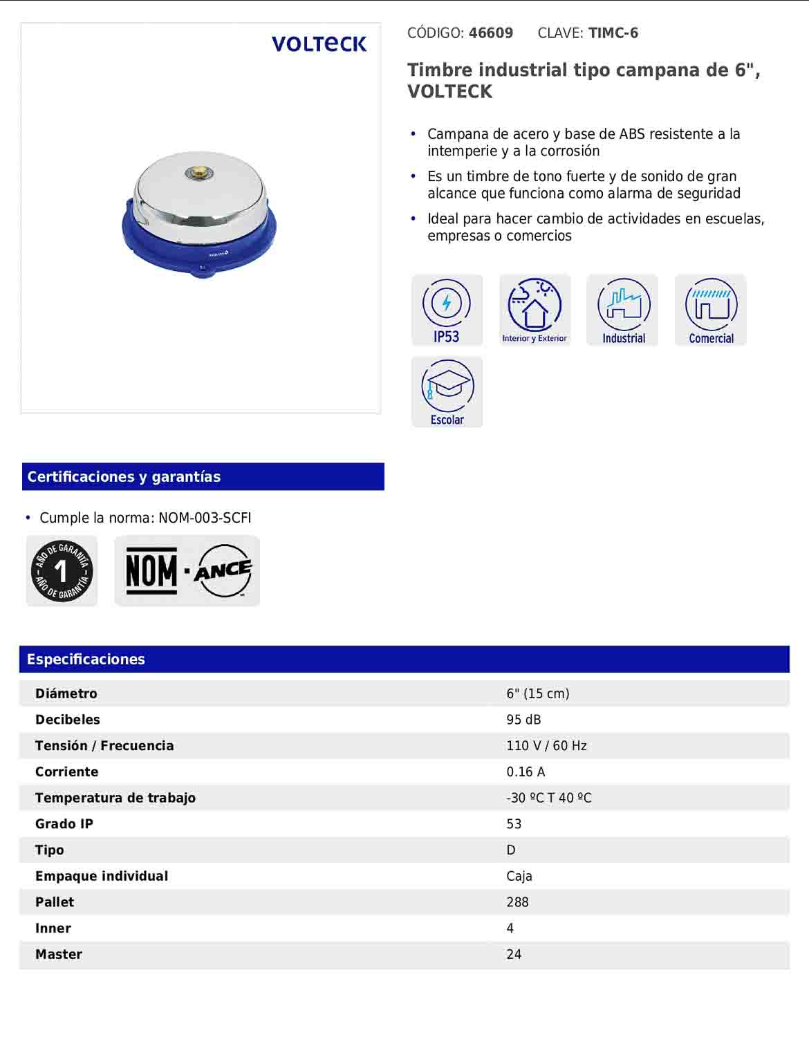 Timbre industrial tipo campana de 6" de 110 V con tono fuerte para alarma