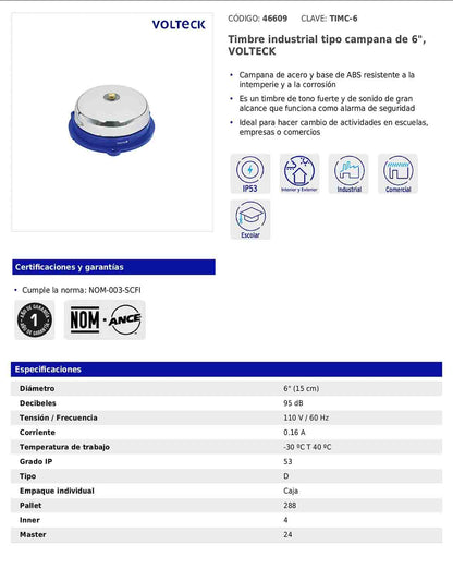 Timbre industrial tipo campana de 6" de 110 V con tono fuerte para alarma