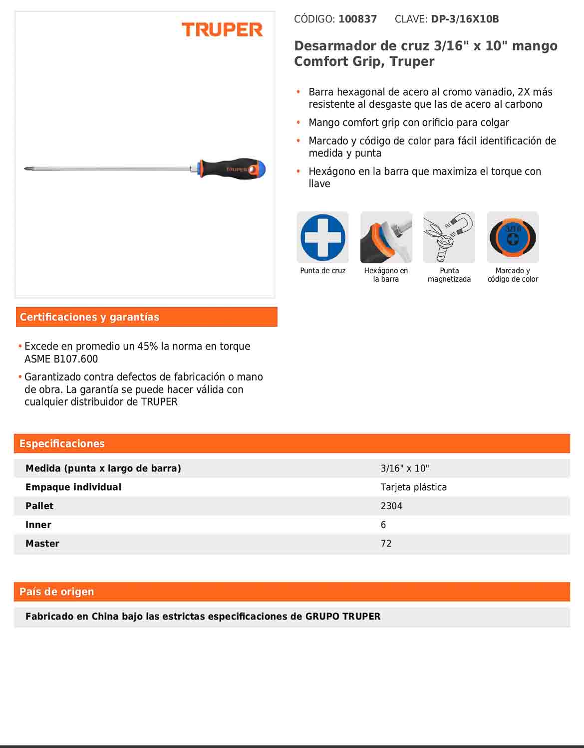 Desarmador de cruz de 3/16 con barra de 25.4 cm y mango Comfort Grip