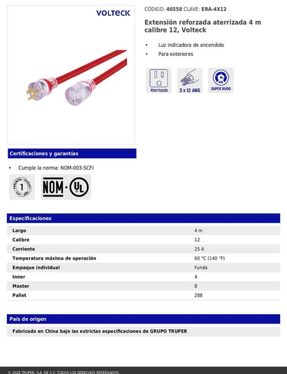 Extensión reforzada aterrizada 4 m calibre 12