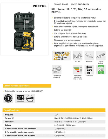 Kit de rotomartillo inalámbrico de 1/2 in con batería 20 V y 32 accesorios