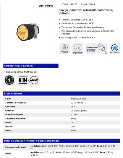 Clavija industrial reforzada polarizada de 127 V y 15 A