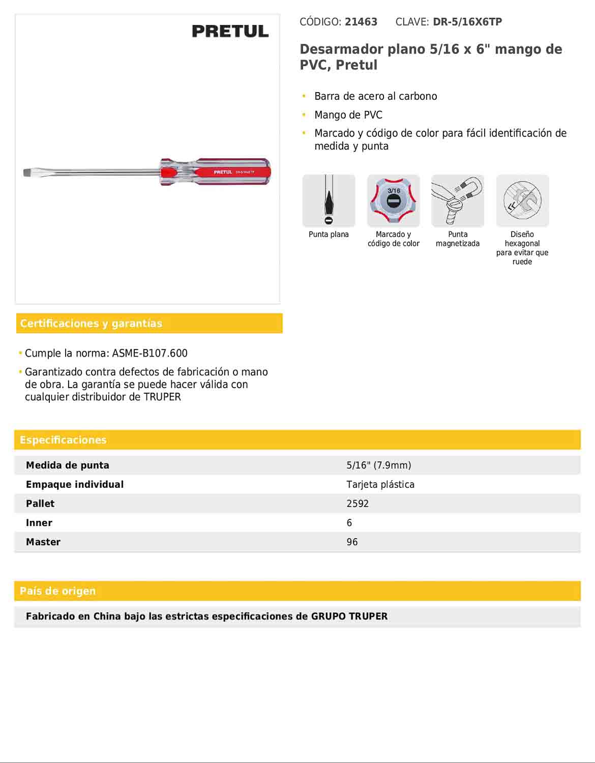 Desarmador plano de 5/16 x 6 con mango de PVC