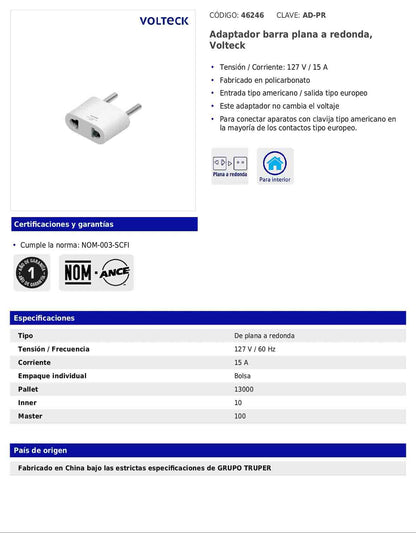Adaptador de barra plana a redonda con entrada americana y salida europea