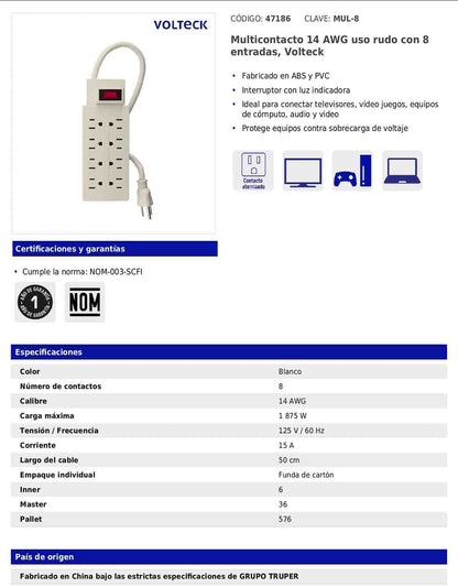 Regleta multicontacto de 8 entradas calibre 14 AWG para uso rudo