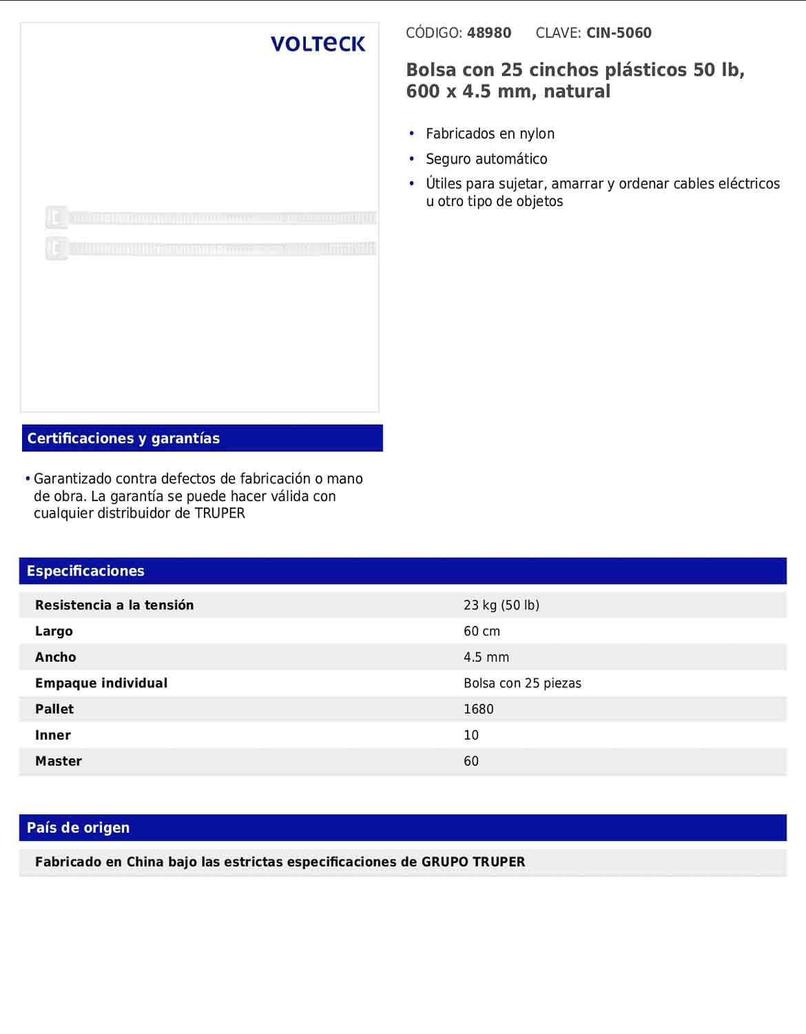 Bolsa con 25 cinchos plásticos de 50 lb de 60 cm de largo y 4.5 mm de ancho en color natural