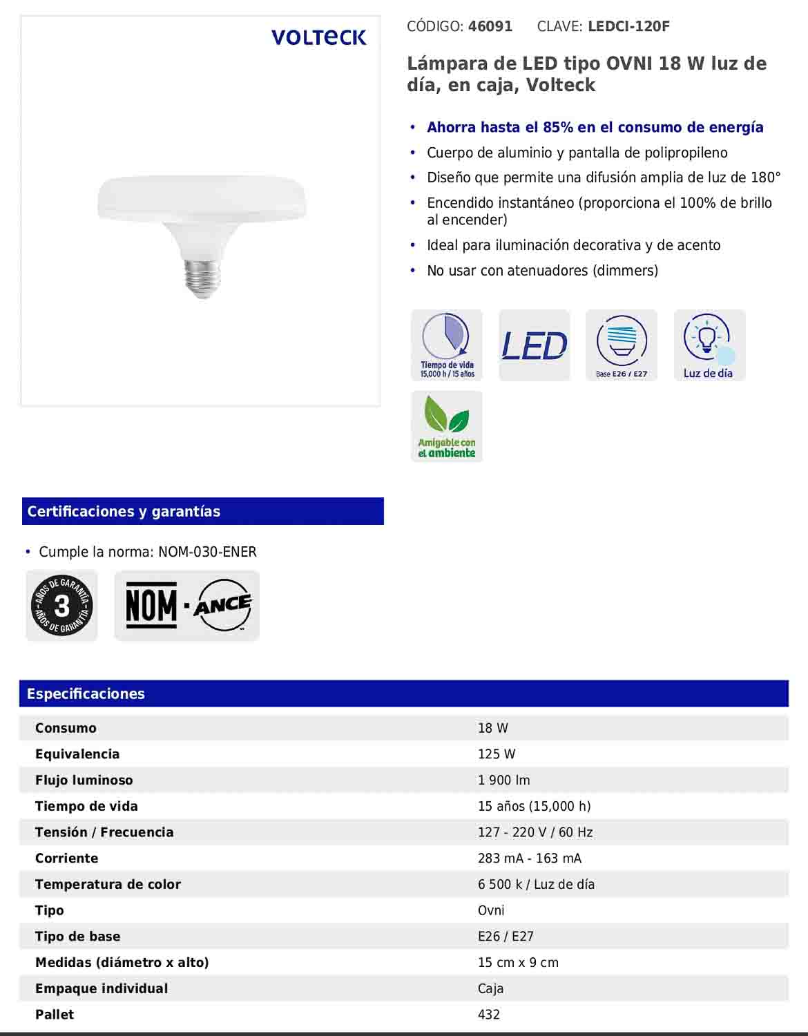 Lámpara LED tipo ovni de 18 W con luz de día