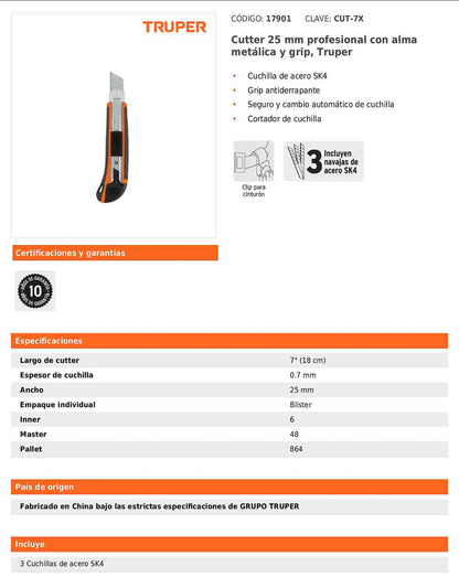 Cutter profesional de 25 mm con alma metálica y grip