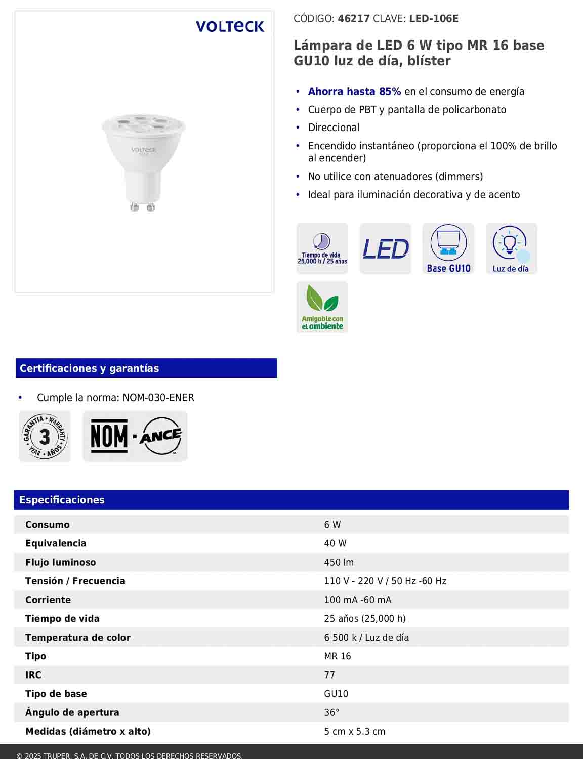 Lámpara LED de 6W tipo MR16 con luz de día
