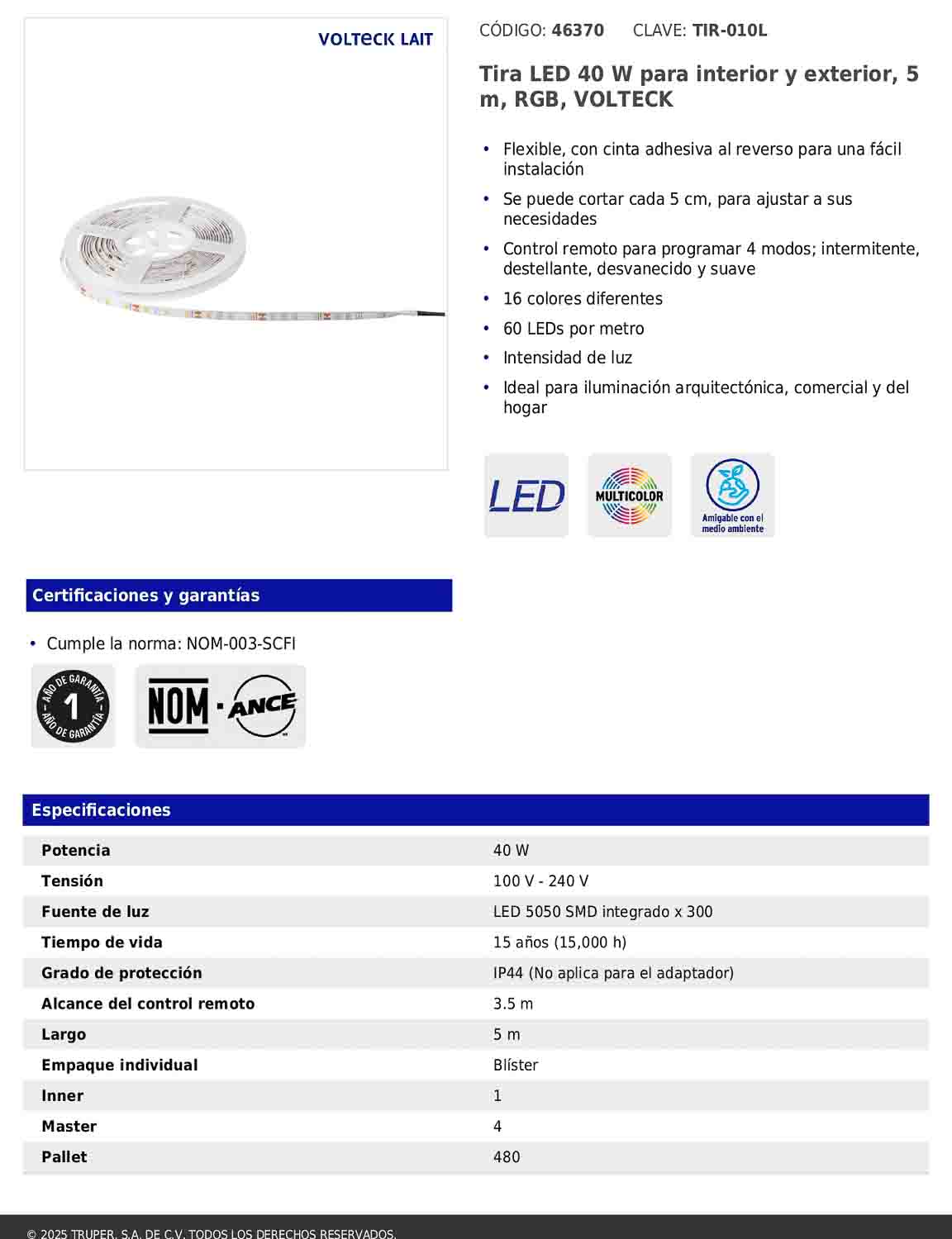 Tira LED RGB de 40 W para interior y exterior de 5 m