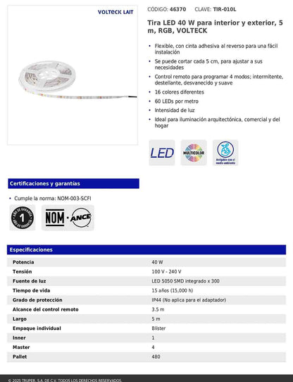 Tira LED RGB de 40 W para interior y exterior de 5 m