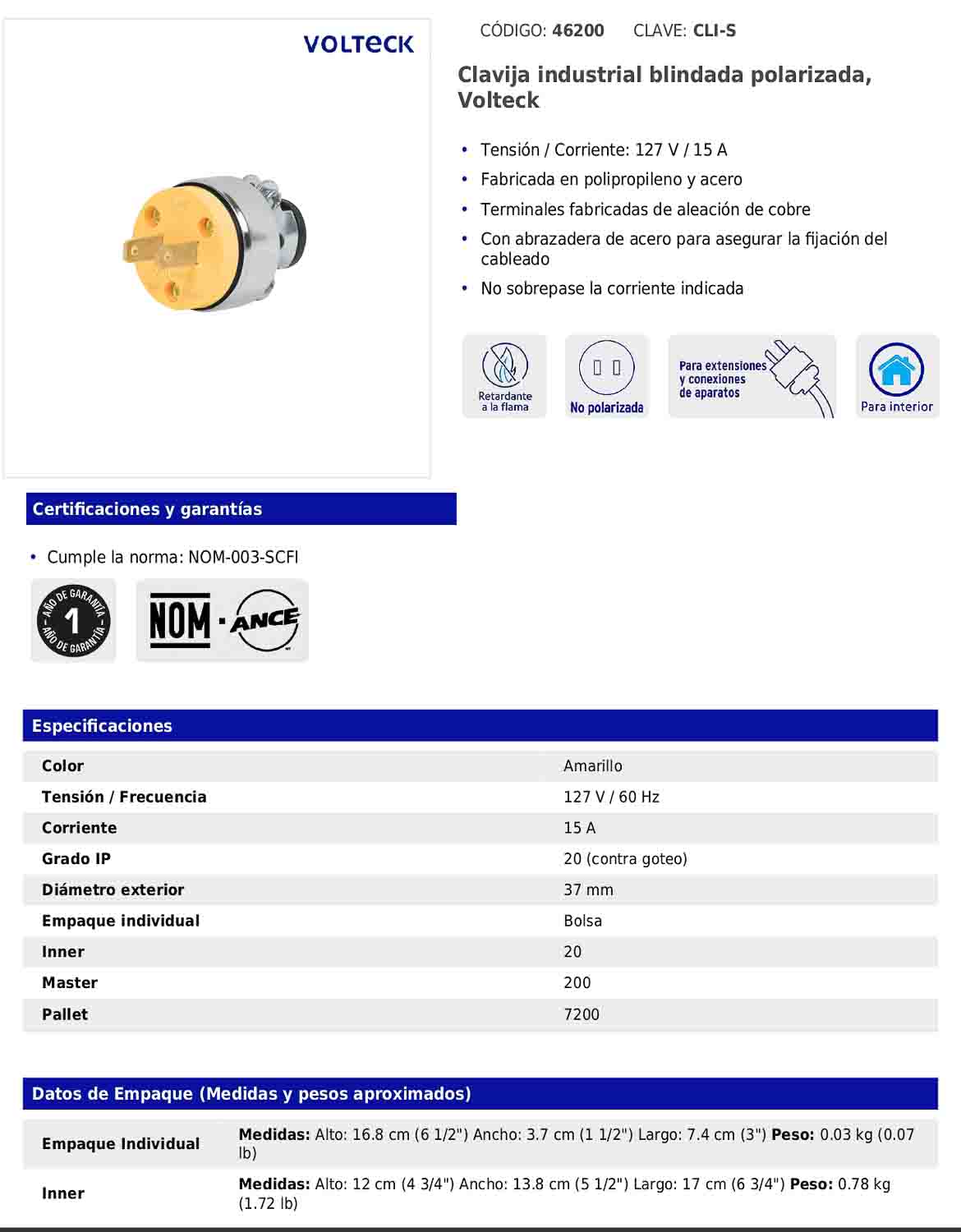 Clavija industrial blindada polarizada de 127 V y 15 A