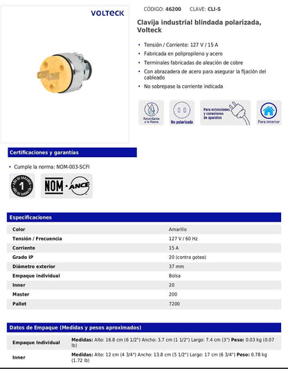Clavija industrial blindada polarizada de 127 V y 15 A