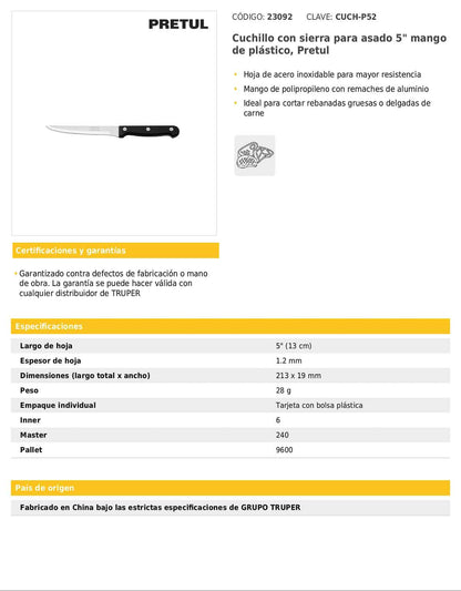 Cuchillo con sierra para asado de 5 pulgadas con mango de polipropileno