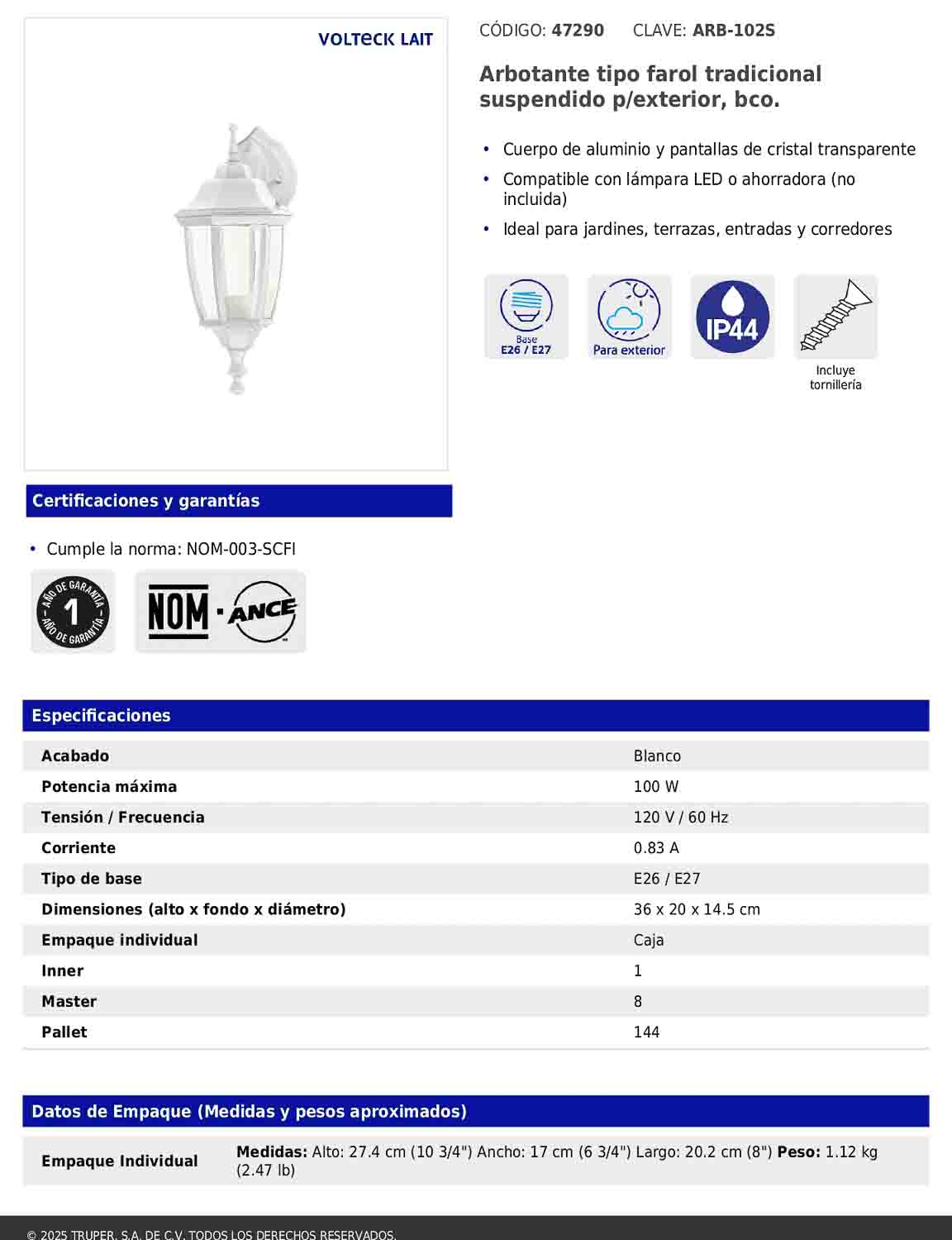 Arbotante tipo farol tradicional suspendido para exterior color blanco