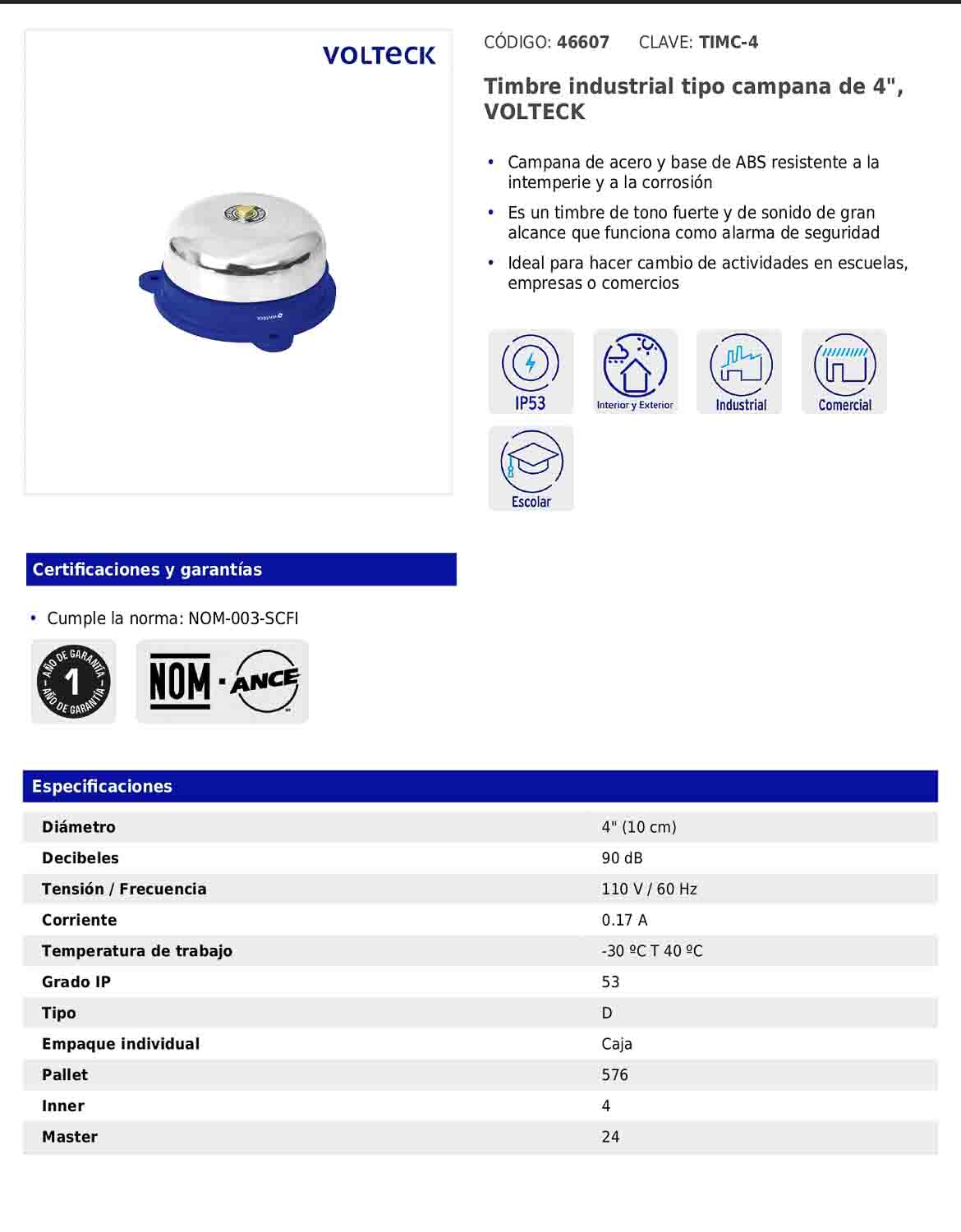 Timbre industrial tipo campana de 4" de 110 V con tono fuerte para alarma