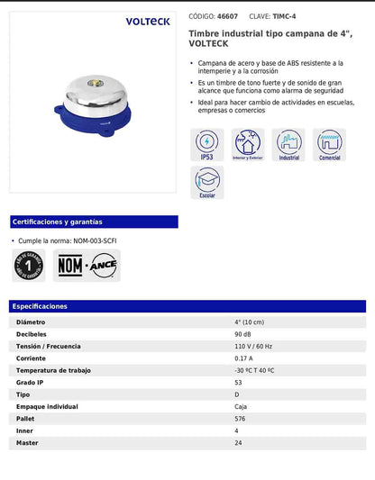 Timbre industrial tipo campana de 4" de 110 V con tono fuerte para alarma