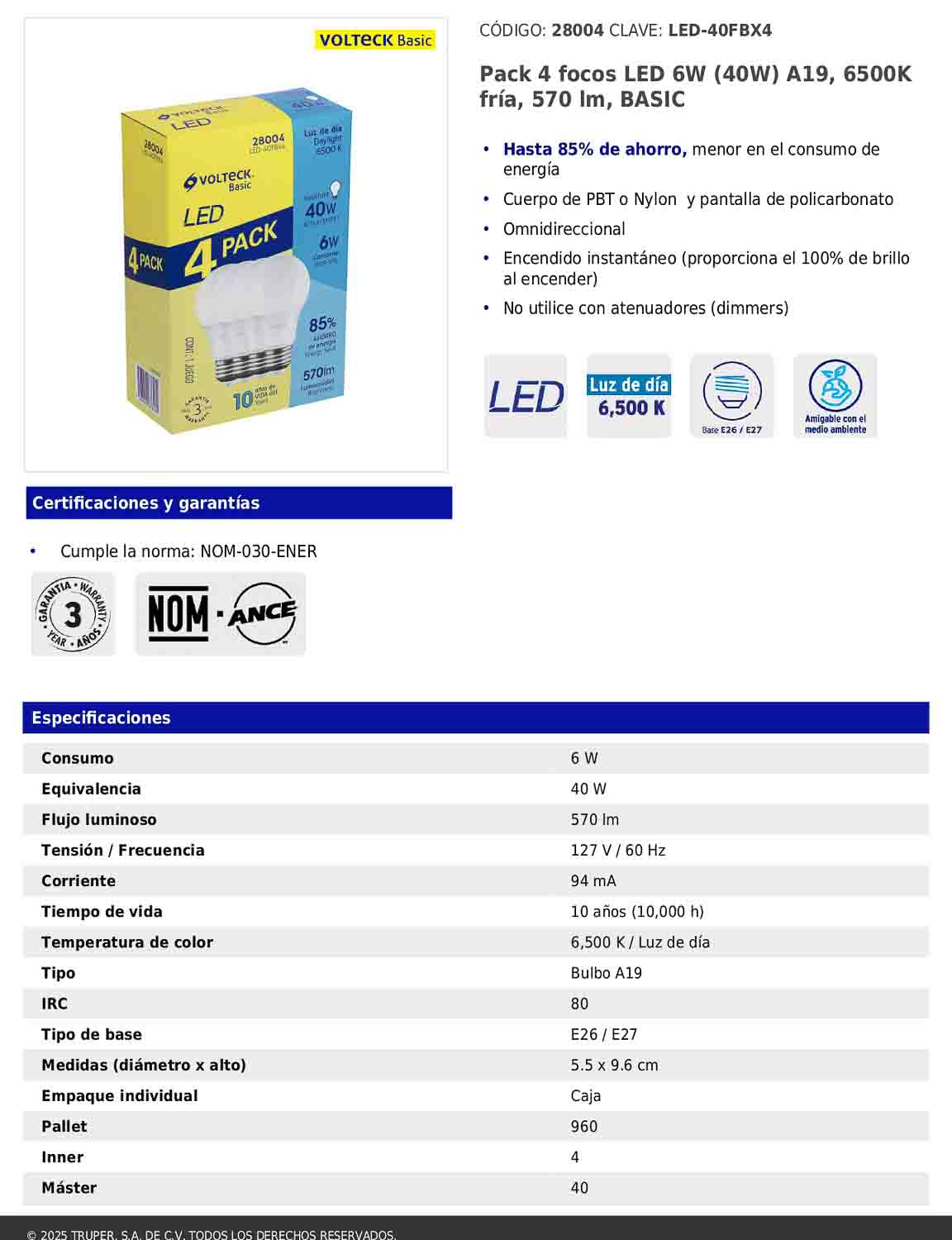 4 pack de focos LED de 6W con luz fría