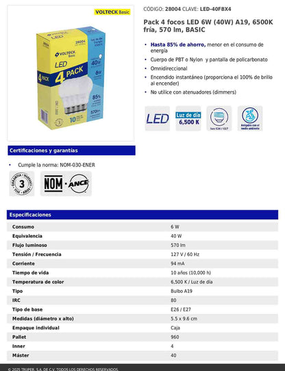 4 pack de focos LED de 6W con luz fría