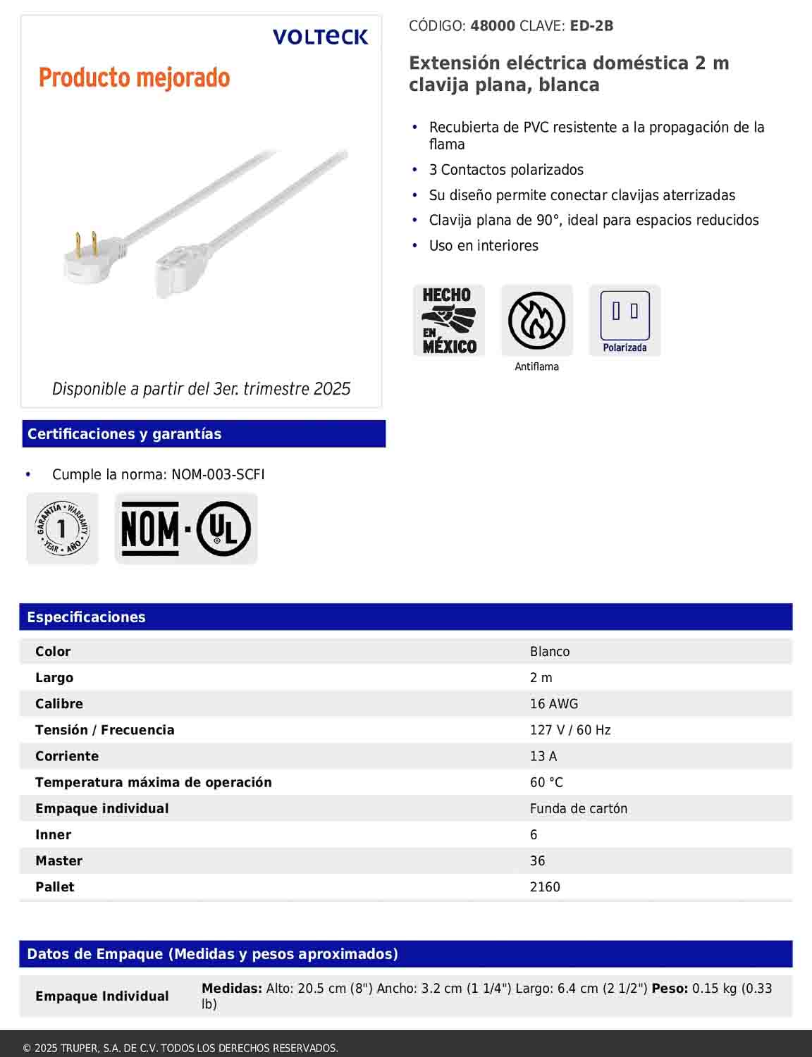 Extensión eléctrica doméstica de 2 m con clavija plana blanca