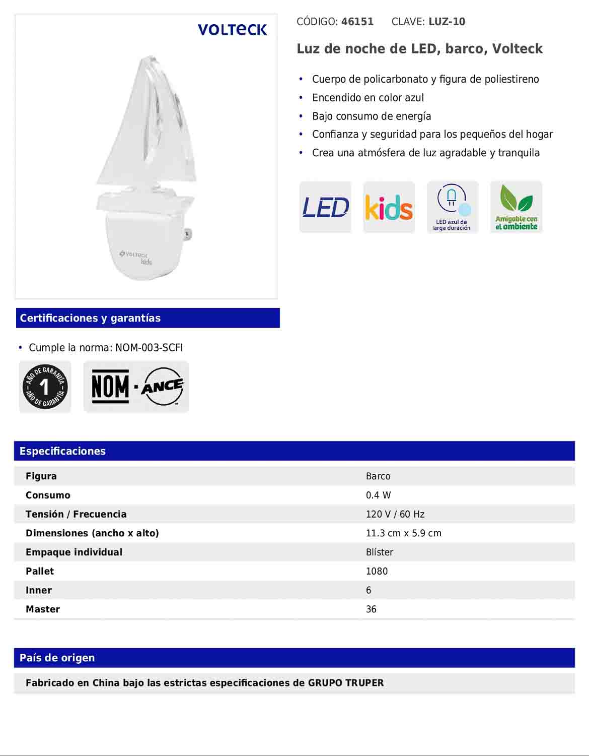 Luz de noche LED con figura de barco