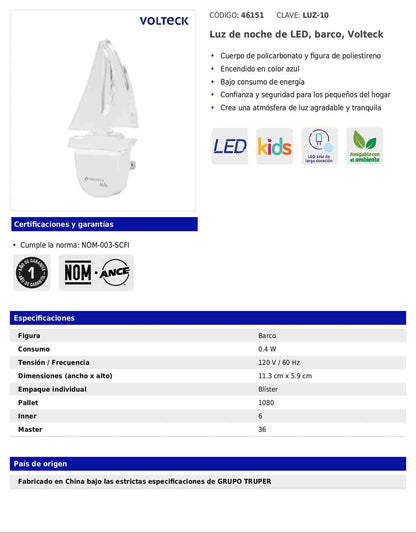Luz de noche LED con figura de barco