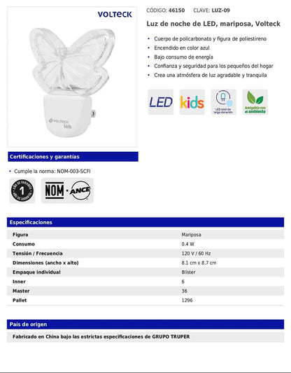 Luz de noche LED con figura de mariposa