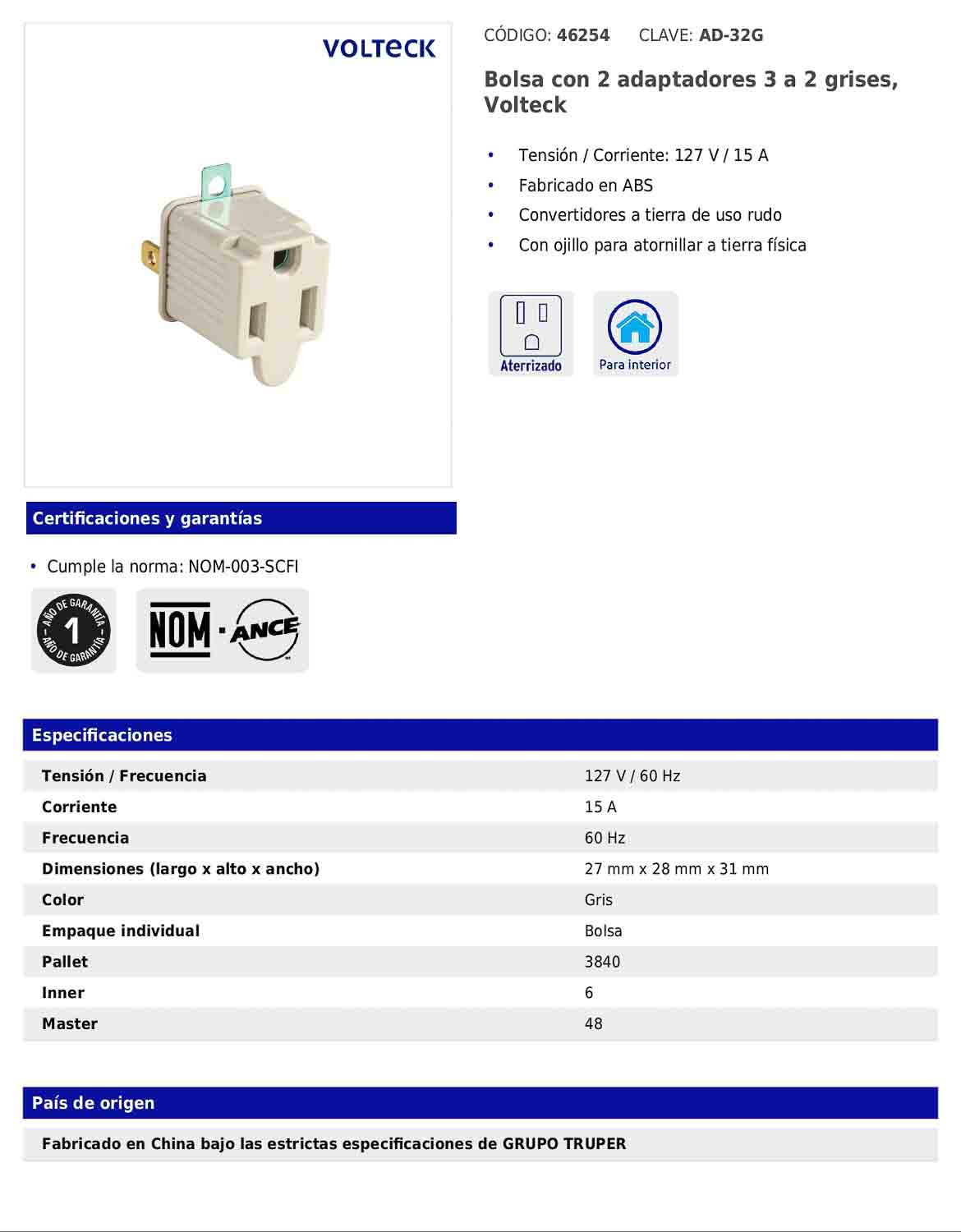 Bolsa con 2 adaptadores de 3 a 2 grises con ojillo para tierra física