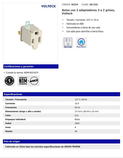 Bolsa con 2 adaptadores de 3 a 2 grises con ojillo para tierra física