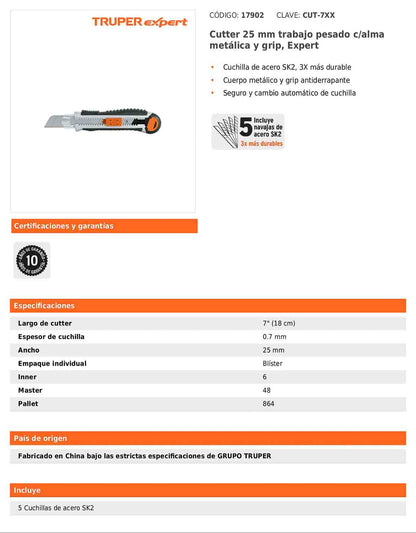 Cutter de 25 mm para trabajo pesado con alma metálica y grip