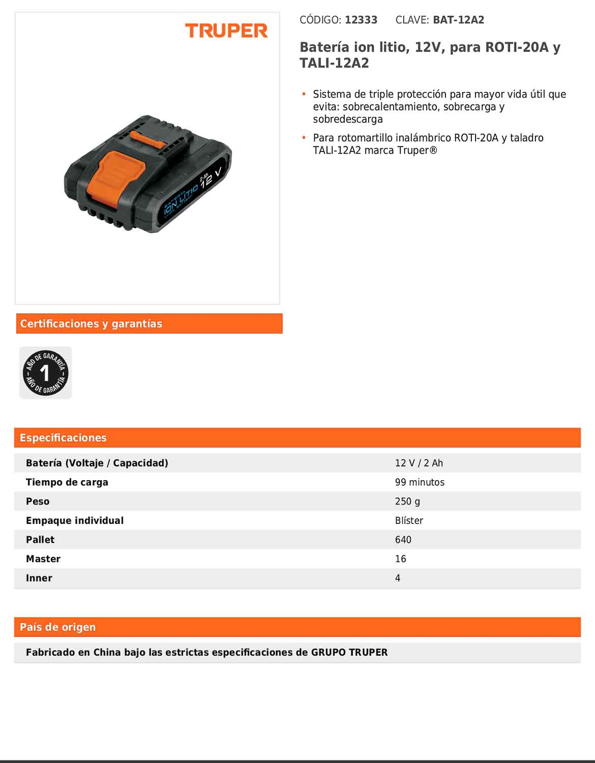 Batería de ion litio de 12 V con capacidad de 2 Ah