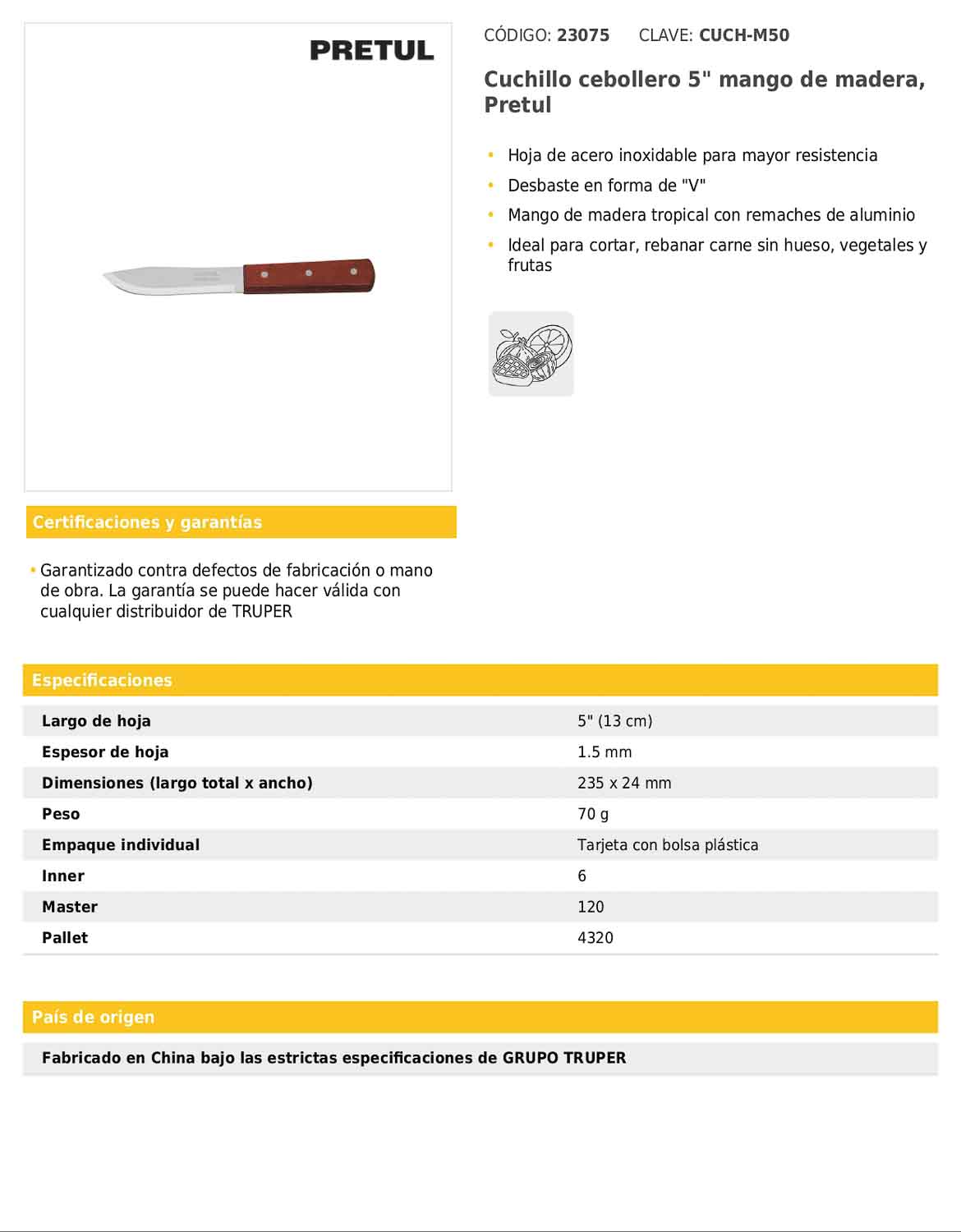 Cuchillo cebollero de 5 pulgadas con mango de madera