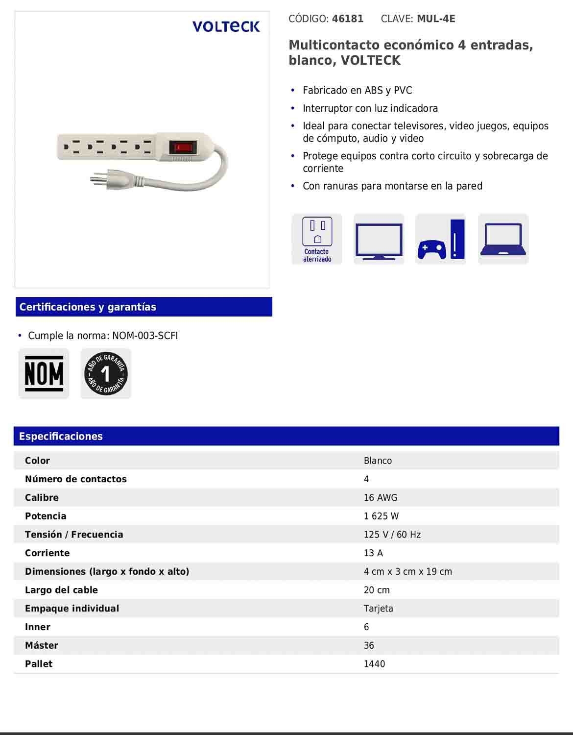 Regleta multicontacto económico de 4 entradas con calibre 16 AWG
