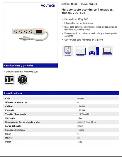 Regleta multicontacto económico de 4 entradas con calibre 16 AWG