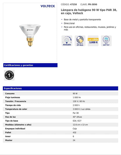 Lámpara halógena PAR38 de 90 W con luz cálida