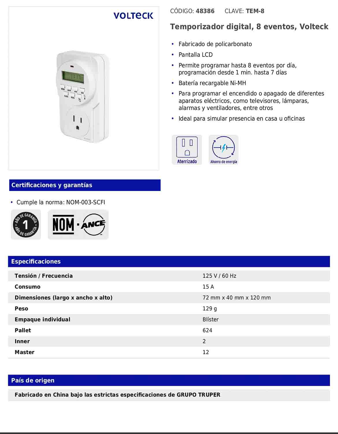 Temporizador digital de 8 eventos de 125 V con pantalla LCD