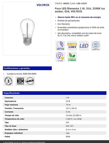 Foco LED de filamento de 1W con luz ámbar