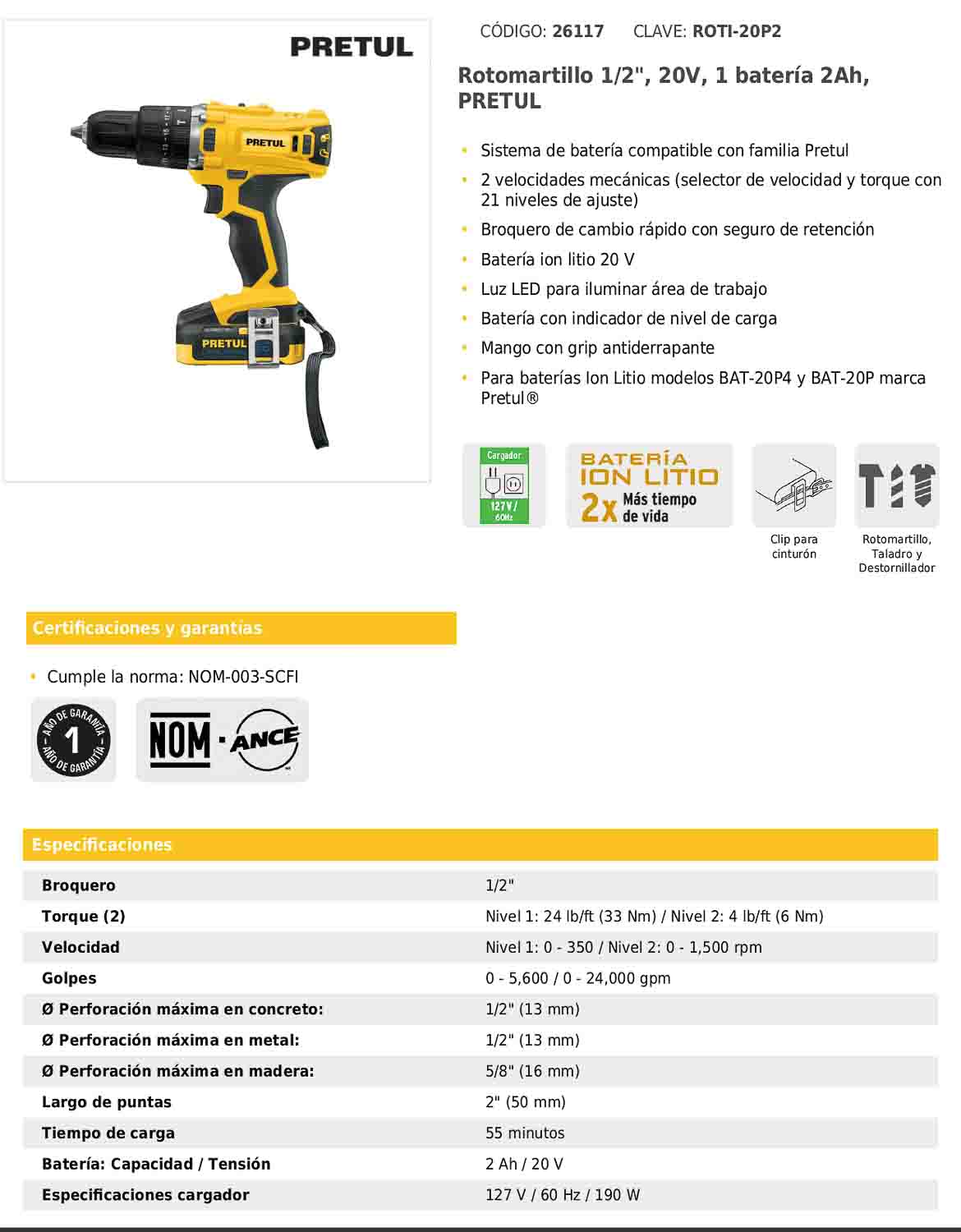 Rotomartillo inalámbrico de 1/2 in con batería 20 V y dos velocidades