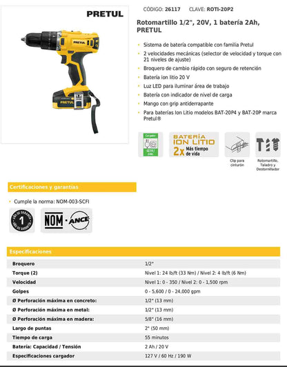 Rotomartillo inalámbrico de 1/2 in con batería 20 V y dos velocidades