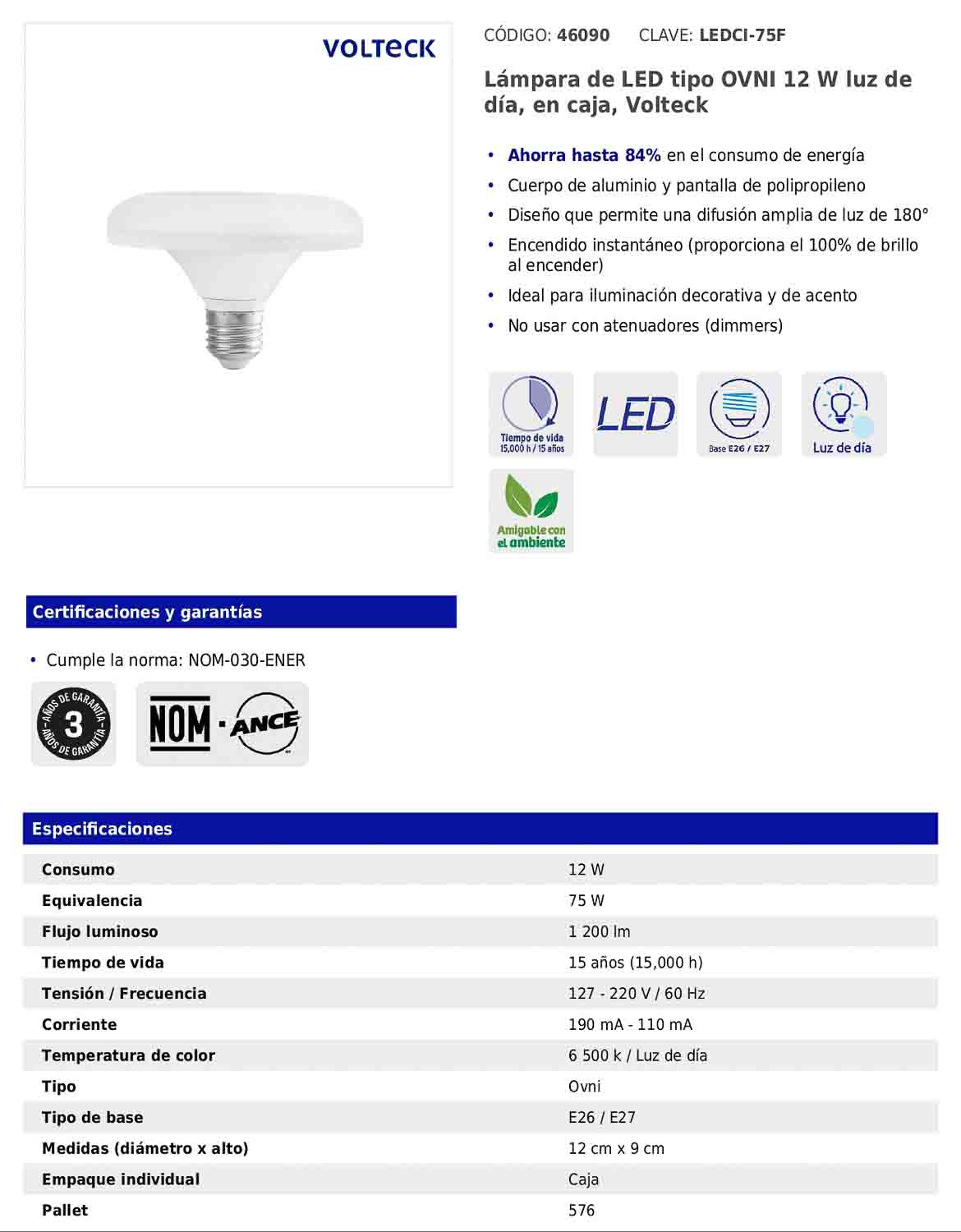 Lámpara LED tipo ovni de 12 W con luz de día